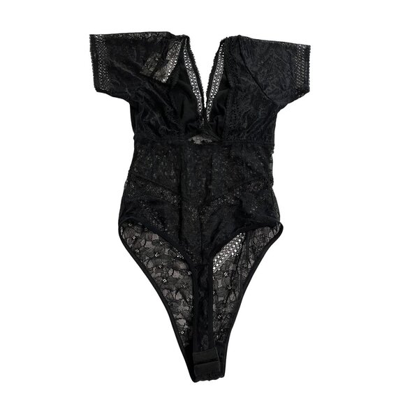 Mucci Roma Sheer Lace Short Sleeve Bodysuit in Black - Picture 4 of 5